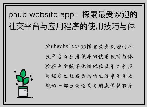 phub website app：探索最受欢迎的社交平台与应用程序的使用技巧与体验